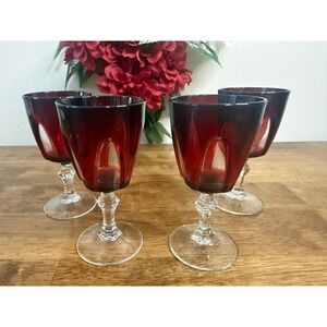 Vintage Cristal d'Arques Durand Gothic Ruby Red Wine Glasses Set‎ 4 MCM Bar Cart